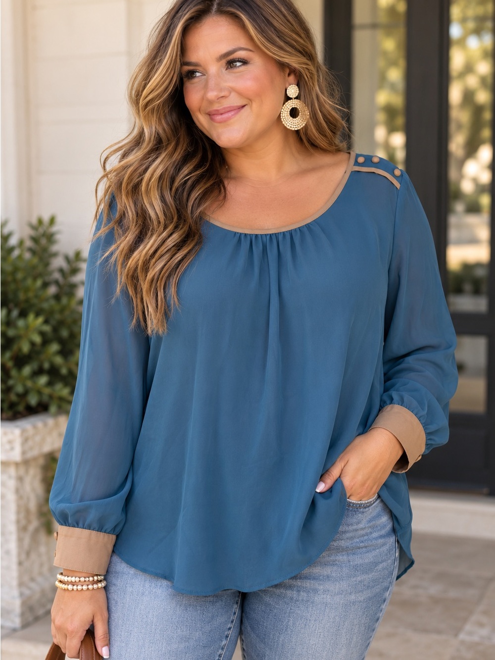 Perch by blu pepper Colorblock Trim Shoulder Button Accent Blouse Size 2X #Q88